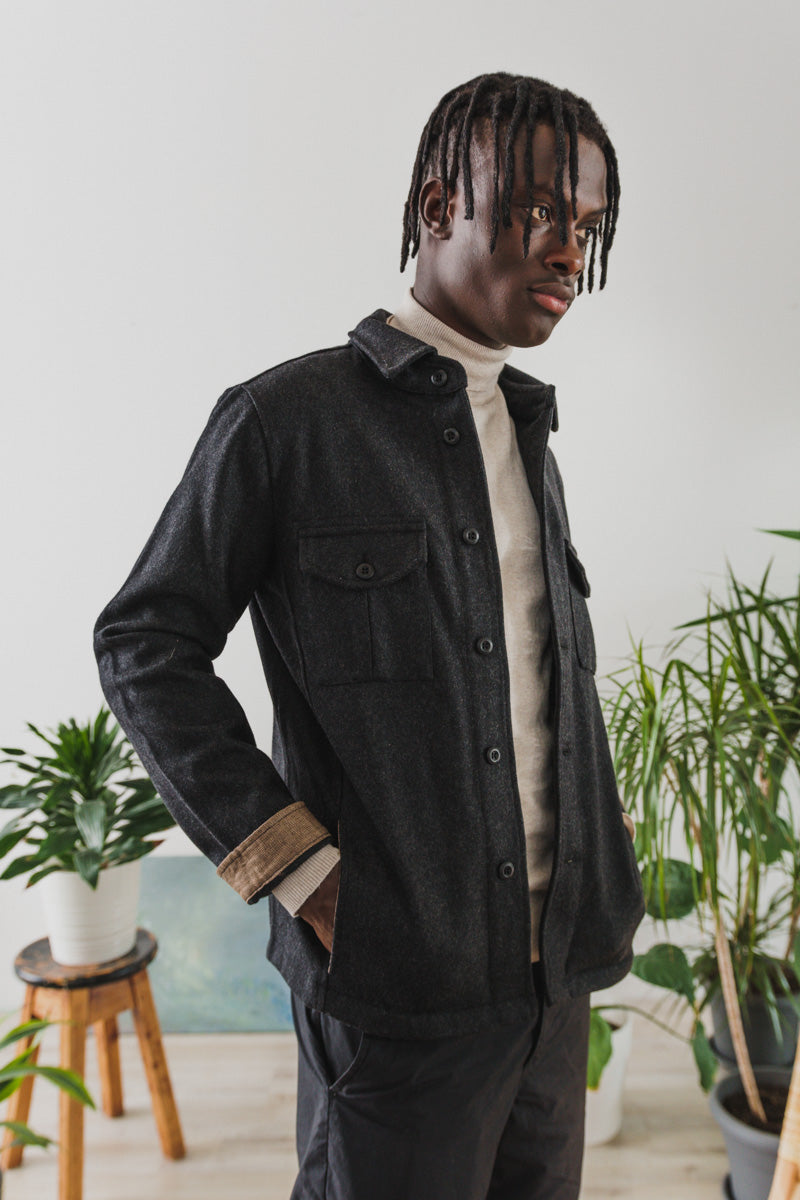 Wool overshirt made in Italy by rust&bones, worn by a black man model with classic style look.