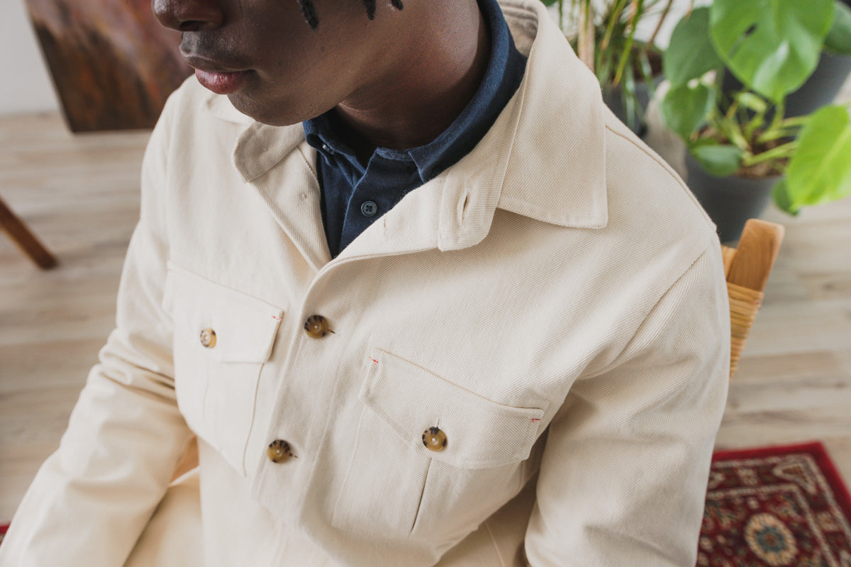 Selvedge denim overshirt made in Italy by rust&bones. Worn by a man model with classic look.